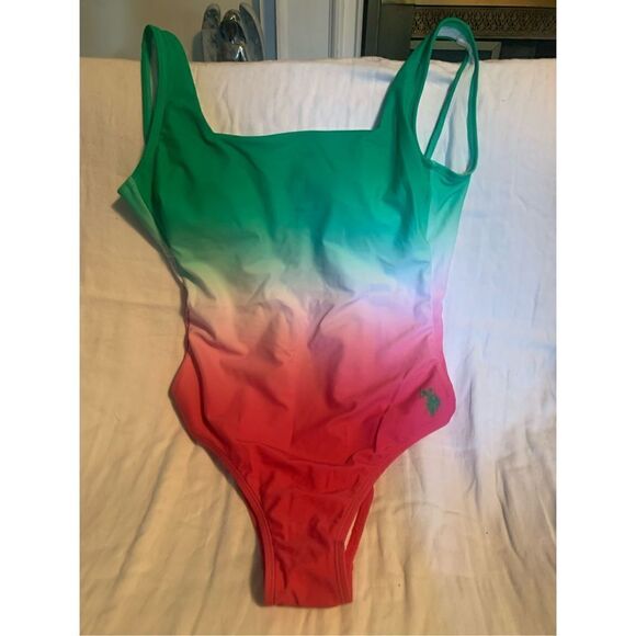 COPY - NWOT US POLO ASSN LADIES OMBRE ONE PIECE SWIMSUIT GREEN PRINT. - Picture 1 of 7